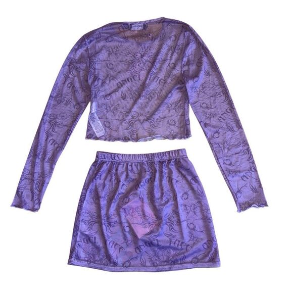 NWT Dolls Kill NGOrder Sheer Printed Crop Top Skirt Set in Purple Size Small UK8 - Picture 2 of 3
